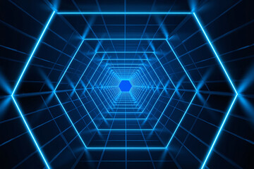 Futuristic blue neon hexagon tunnel perspective image