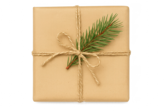 Christmas gift wrapped in kraft paper tied with twine and decorated with pine branch on transparent background - Powered by Adobe