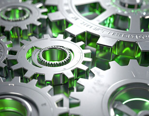 Mechanical Marvel: An intricate arrangement of polished metallic gears, bathed in an ethereal green glow, interlocks in a mesmerizing display of mechanical precision and technological innovation. 