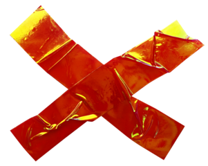Torn crumpled cross adhesive red holographic, iridescent tape on transparent background. x sign. 2 piece of cross plastic, glossy shine texture.