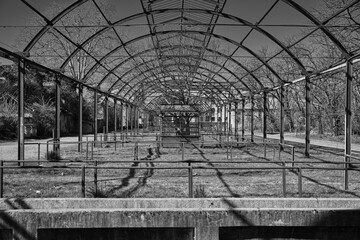 Abandoned slaughterhouse complex in Monza captured in black and white