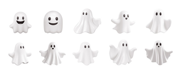 Set of Halloween clipart elements such ghost different colors and designs isolated. 3d rendering. PNG with transparent background