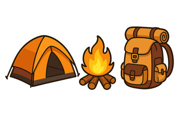 Camping equipment set for outdoor adventure. Tent, campfire, and backpack for hiking and trekking. Vector illustration of survival and tourism gear icons for nature trips.
