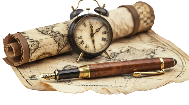 Collectible Fountain Pen and Antique Desk Clock on white background