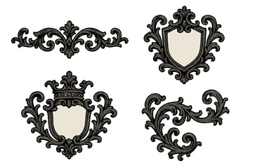 Naklejka premium Set of vintage decorative elements. Black baroque flourishes, heraldic crests, and ornate shields with crowns. Classic antique filigree scrollwork for elegant design.