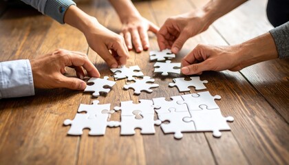 Team Collaboration Solving Puzzle On Wooden Floor