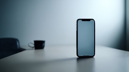 Modern smartphone with blank screen on a clean, minimalist workspace background, front view in bright natural light with neutral tones, ready for digital content