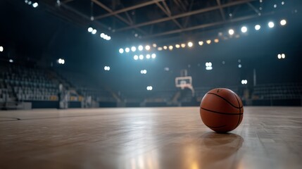 Lowangle view of a basketball on an indoor court with bright arena lights and modern stadium architecture, capturing a sense of anticipation and athletic energy