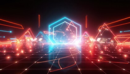 Abstract digital landscape with glowing neon lines and geometric shapes, representing data flow, innovation, and technological connection.