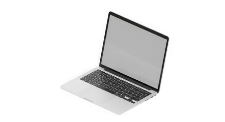 Modern laptop computer displaying a blank screen in 3d perspective transparent background