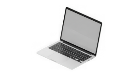 Modern laptop computer displaying a blank screen in 3d perspective transparent background