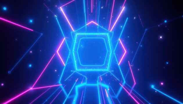 Vibrant abstract background with glowing neon lines and geometric shapes creating a futuristic digital tunnel effect. Ideal for technology, gaming, or cyber-themed projects.