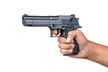 A black handgun held in the left hand, stock photo style
