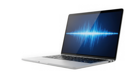 Modern laptop displaying vibrant sound wave visualization transparent background