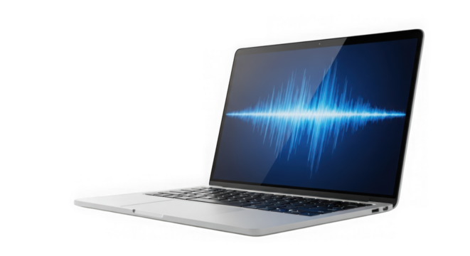 Modern laptop displaying vibrant sound wave visualization transparent background
