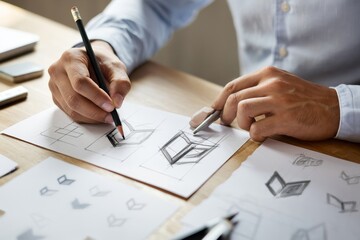 Naklejka premium Logo design process sketching ideas concept creative designer hand drawing with pencil art