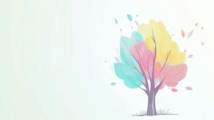Observe Colorful Tree Illustration with Spring Concept And Falling Leaves