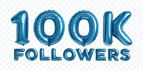 realistic 3d 100K FOLLOWERS typography made by with different colour foil balloons isolated on transparent background