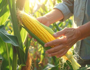 Raster realistic artwork of hands picking corn cob