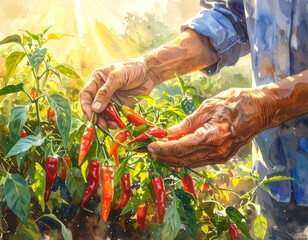 Raster digital painting of hands picking chili peppers