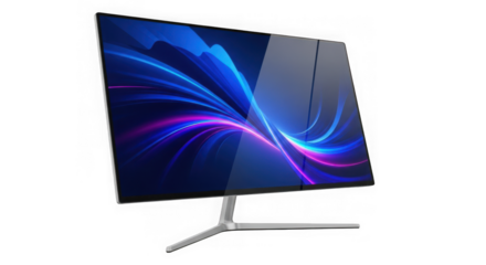 Modern computer monitor displaying vibrant abstract blue and purple waves transparent background