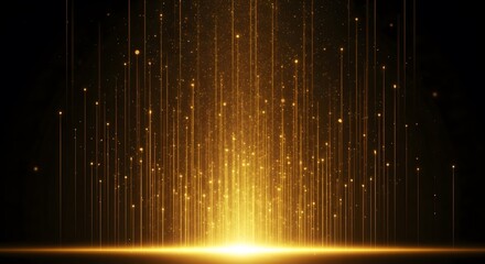 Abstract background with golden light rays and sparkling particles rising up. A concept of award, magic, luxury, and celebration with an elegant glitter effect.