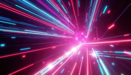 Vibrant neon lines race through a futuristic digital tunnel, symbolizing rapid data flow, connectivity, and advanced technology.