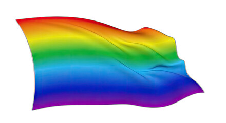 Waving rainbow flag with vibrant colors against a stark black background in bright light