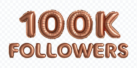realistic 3d 100K FOLLOWERS typography made by with different colour foil balloons isolated on transparent background