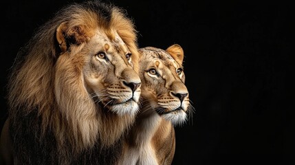 Fototapeta premium A striking close-up of a lion and lioness, showcasing their majestic features against a dark background, emphasizing their powerful presence and bond.