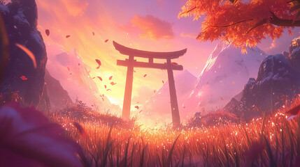 Tranquil Sunset, Torii Gate, Japanese Landscape, Digital Art, Autumn Vibes, Serene Viewpoint, Spiritual Concept