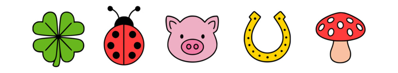 Fünf Glücksbringer: Kleeblatt, Marienkäfer, Glücksschwein, Hufeisen, Glückspilz, Illustration, Vektor