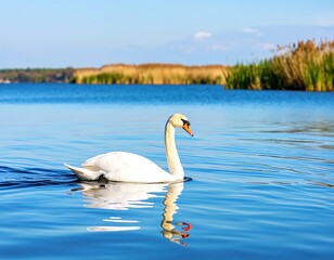 Obraz premium A serene swan glides gracefully across a tranquil blue lake, its reflection mirroring its pristine white form on the water's surface.