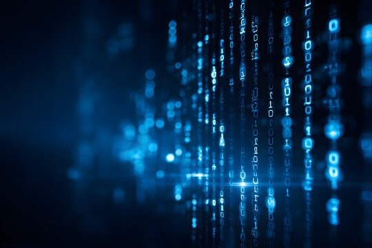 Blue digital background with data and code, featuring elements of technology and artificial intelligence in the dark blue color scheme.
