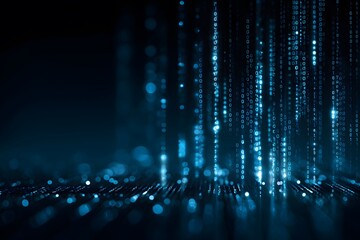 Blue digital background with data and code, featuring elements of technology and artificial intelligence in the dark blue color scheme.