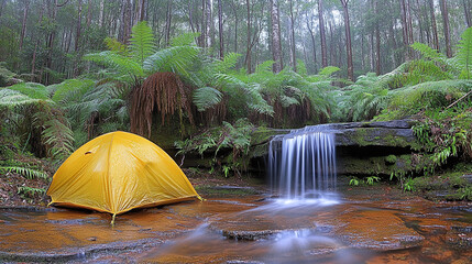 Yellow Tent by Tranquil Stream in Lush Forest Landscape at Dawn