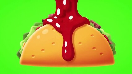 Vibrant Cartoon Taco Filling Itself with Fresh Ingredients on Green Screen
