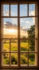 Fototapeta premium A tranquil view of a lush landscape through a window, framed by warm sunset hues.