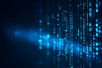 Blue digital background with data and code, featuring elements of technology and artificial intelligence in the dark blue color scheme.