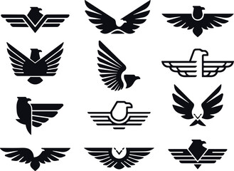 Eagle logo set, abstract bird emblems, black and white icons, vector design, strong branding symbols, minimalist wing graphics, symmetrical eagle shapes