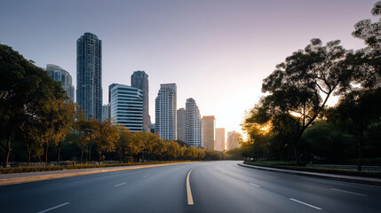 Fototapeta premium City skyline at sunset with a road and gentle lighting