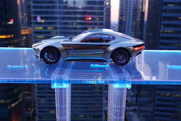 Futuristic concept car with blue lighting on glass platform