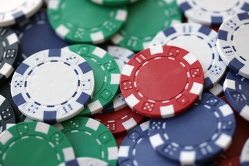 Poker Table With Poker Chips Turns In Casino. Many Poker Chips Spins on the Table