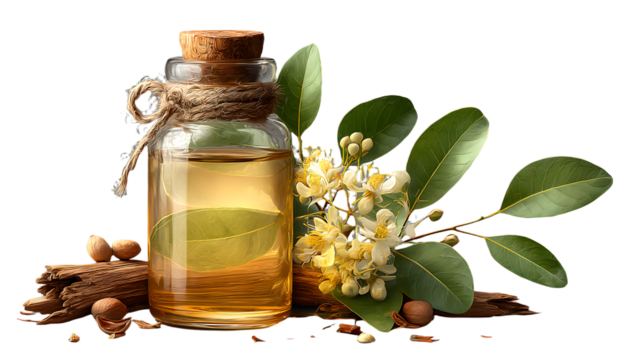Sandalwood Oil and Plant Isolated on Transparent Background - Aromatherapy Wellness Concept