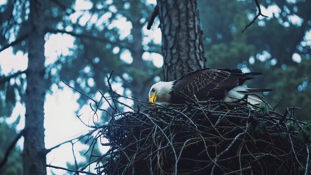 AI-generated bald eagle perched in a large nest, with its characteristic white head and yellow beak