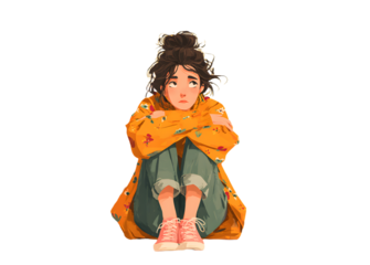 Depressed female sitting on the floor and holding their knees on transparent background. Concept irritation, anger, depression, anxiety, mental disorders.
