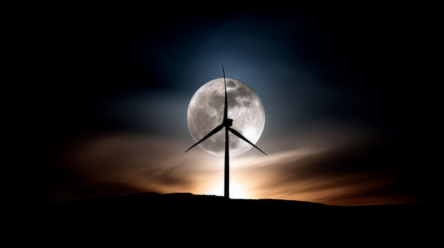 Electricity in nature or clean energy concept. Wind turbine producing alternative energy on a hill at night with a huge moon in the background.