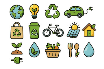 Eco-friendly icon set for sustainable living. Green energy, recycling, and conservation symbols. Ecology and environment concept. Vector illustration collection for web and print.