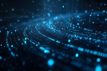 Blue digital background with data and code, featuring elements of technology and artificial intelligence in the dark blue color scheme.