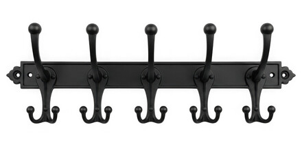 Black metal coat rack with five hooks isolated on transparent background